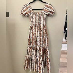 O.P.T “Daphne” smocked midi dress with puff sleeves